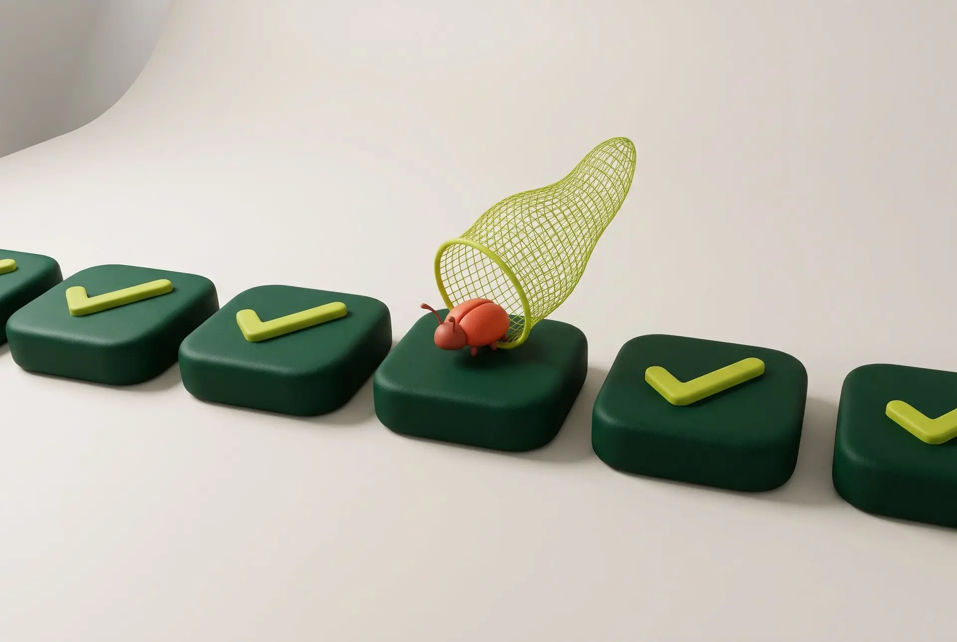 Green check tiles in a row with a bug caught in a net